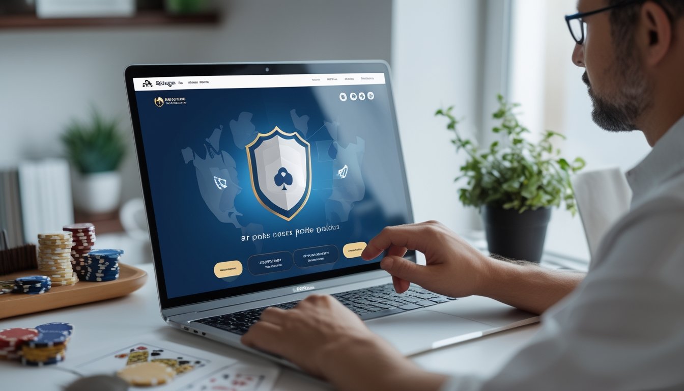 Seseorang memeriksa platform poker di laptop dengan kartu dan keping poker di meja.
