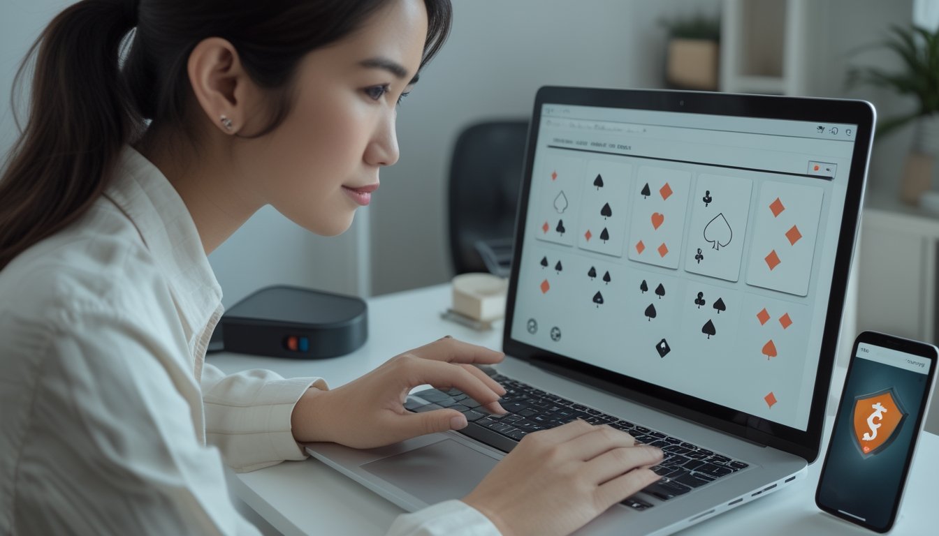 Seorang dewasa Indonesia memeriksa platform poker di laptop dengan simbol gembok dan perisai di dekatnya.