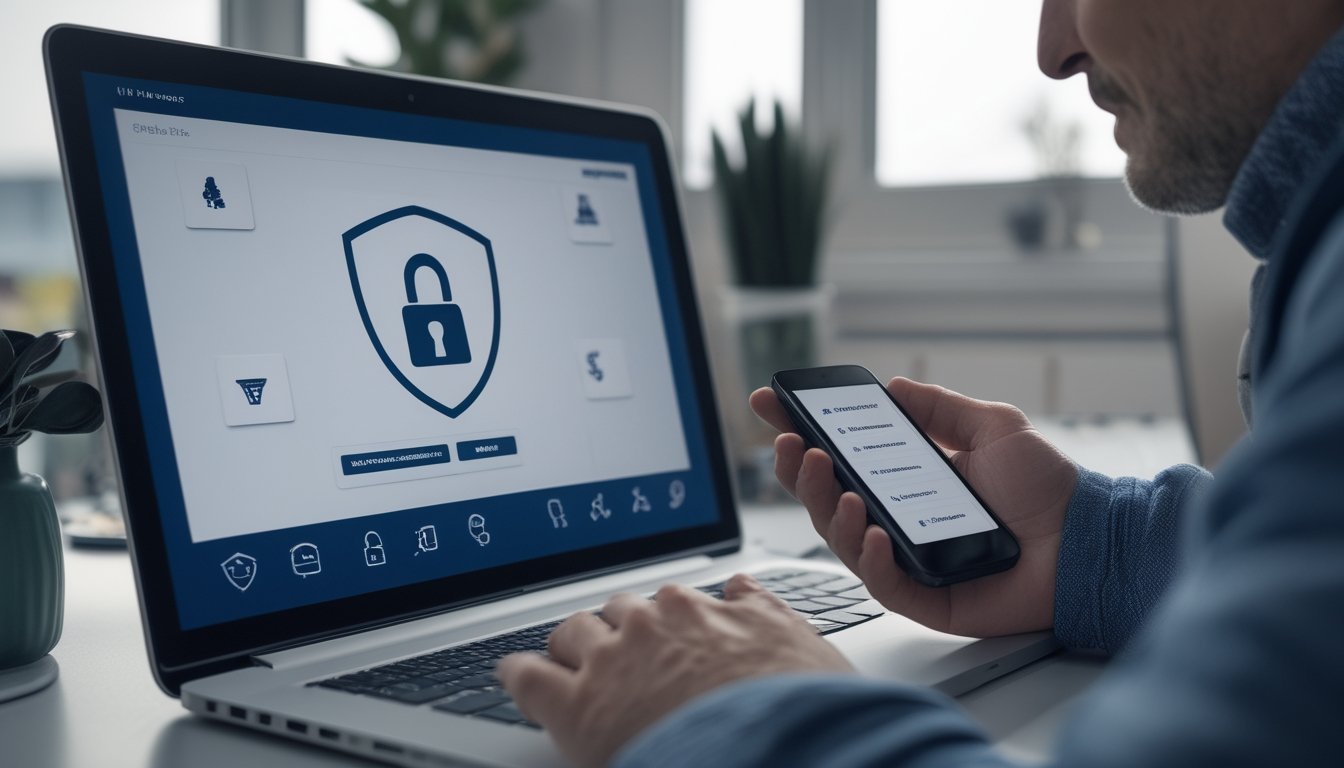 Seseorang mengamankan akun poker daring menggunakan laptop dan ponsel.