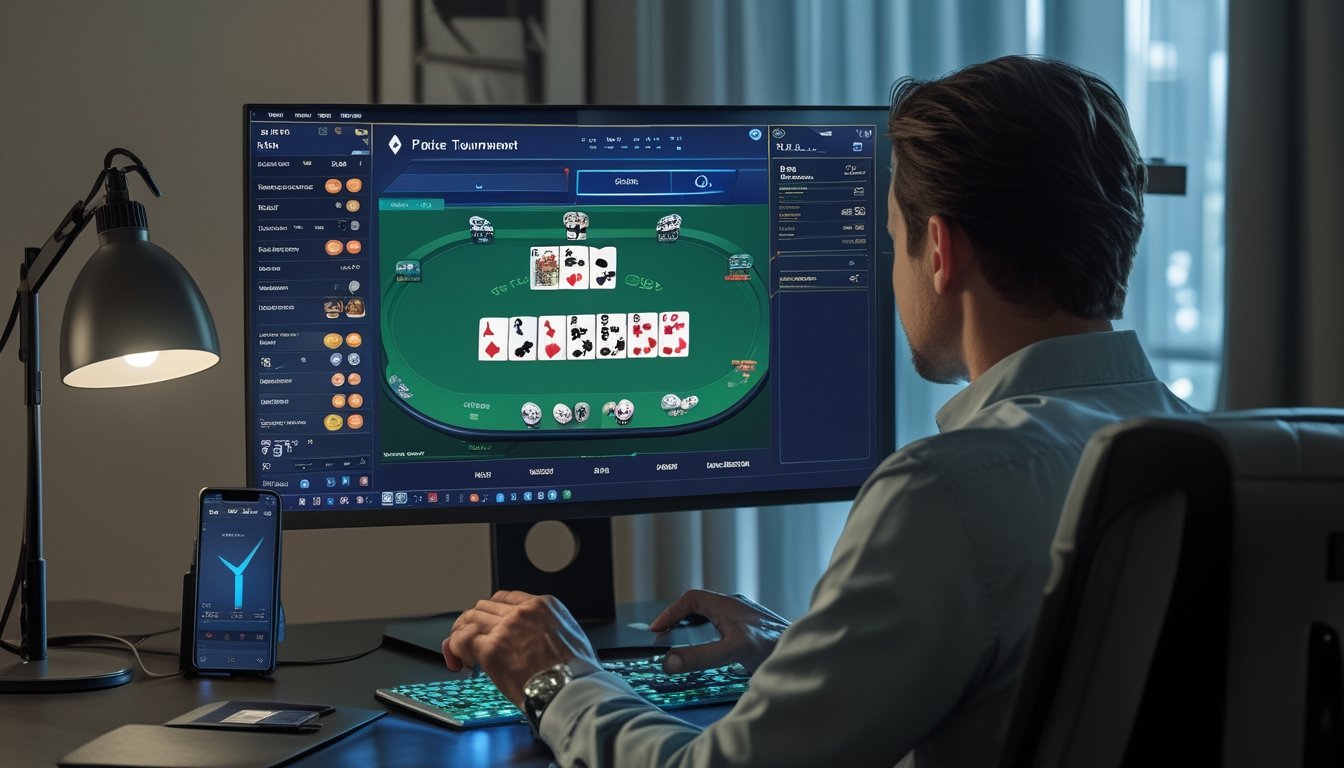 Seseorang memperhatikan turnamen poker daring di layar komputer.