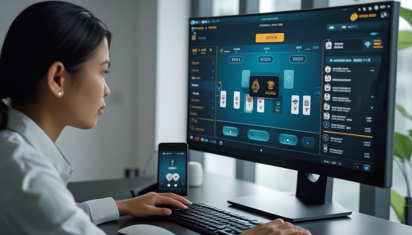 Seorang peserta mengikuti turnamen poker online melalui komputer di meja kerja.