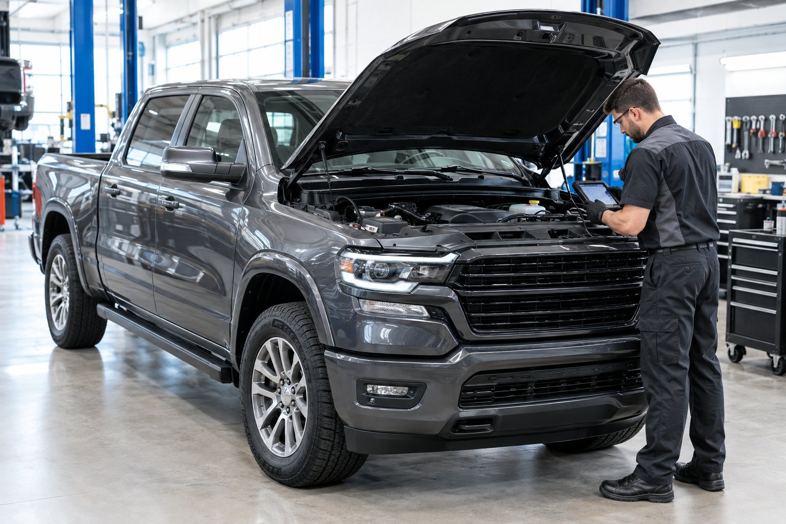 A technician inspects a pickup truck in an automotive service center.