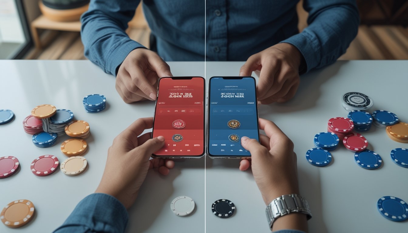 Seseorang menggunakan ponsel untuk memainkan poker online dengan dua susunan chip yang berbeda.