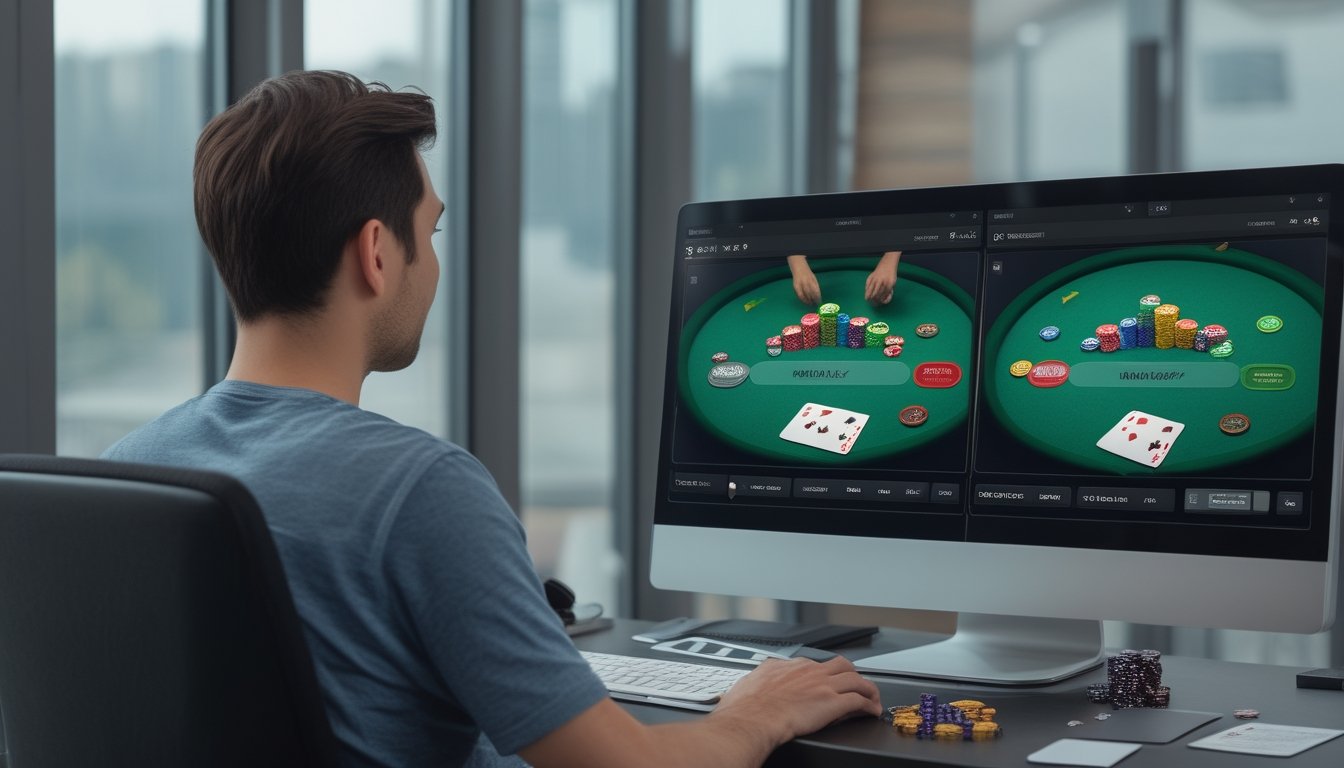Seseorang membandingkan dua permainan poker online di layar komputer.