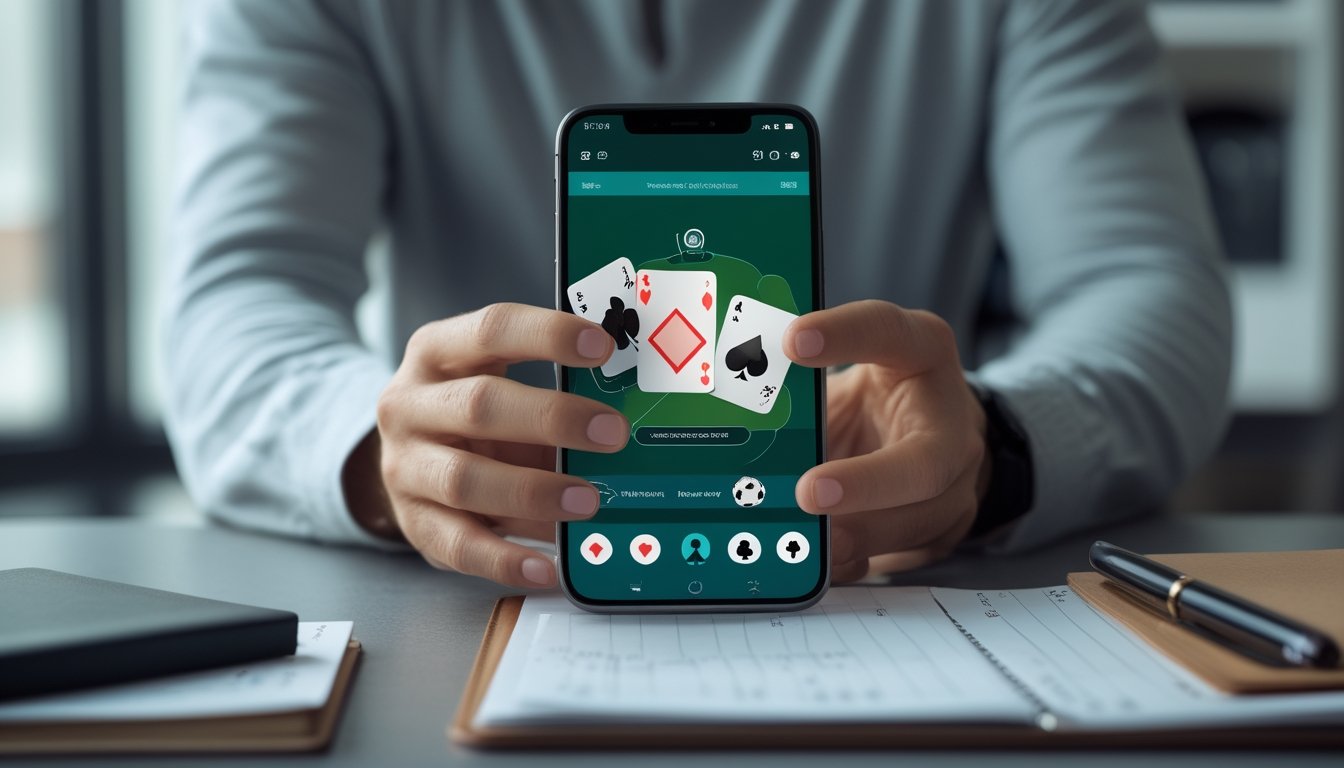 Seorang pemula menggunakan ponsel untuk bermain poker online di meja rumah.
