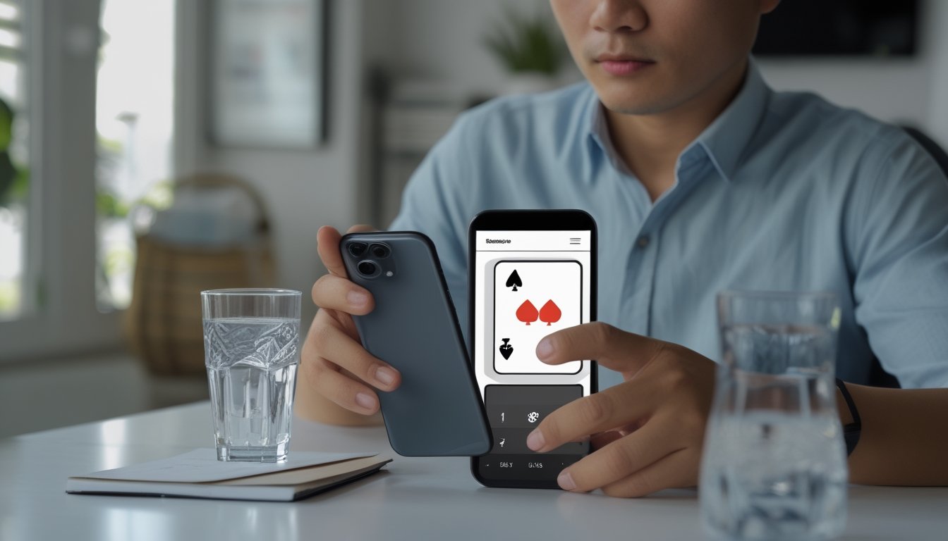 Seorang pemula mempelajari permainan poker melalui ponsel di rumah.