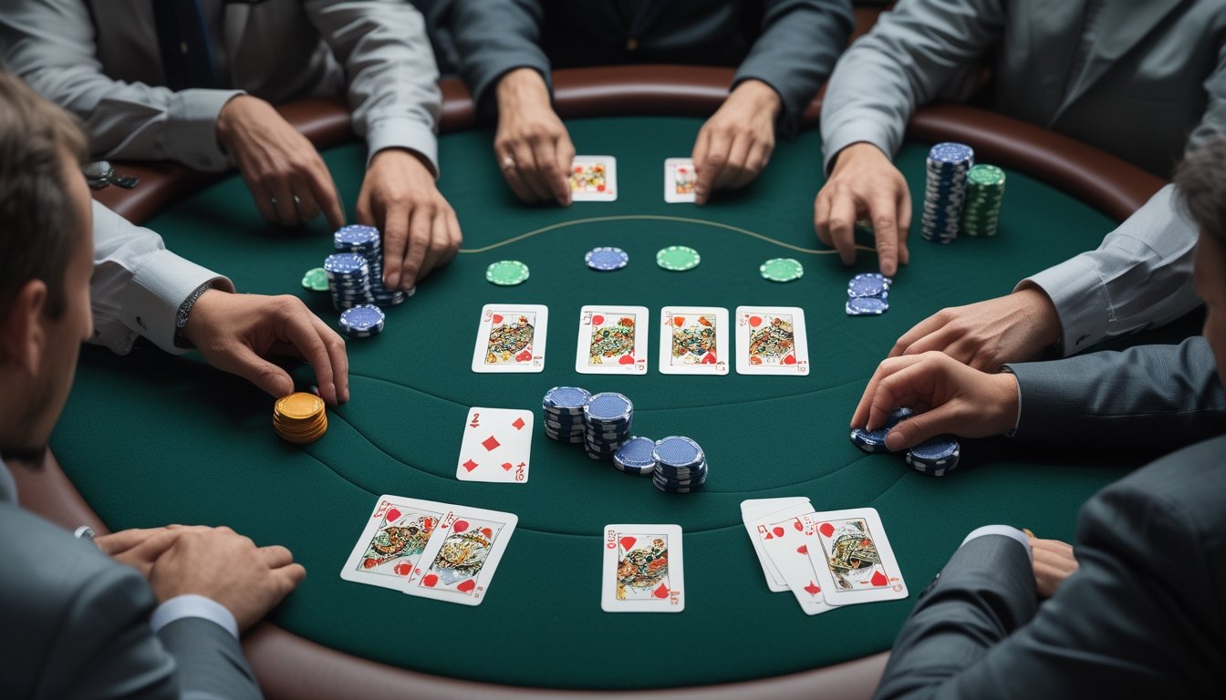 Beberapa pemain memasang taruhan di meja poker dengan kartu komunitas dan tumpukan keping di tengah.