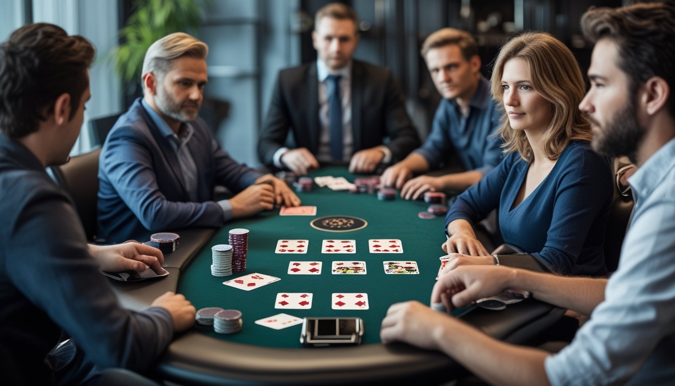 Beberapa pemain poker duduk mengelilingi meja dengan kartu dan tumpukan chip.