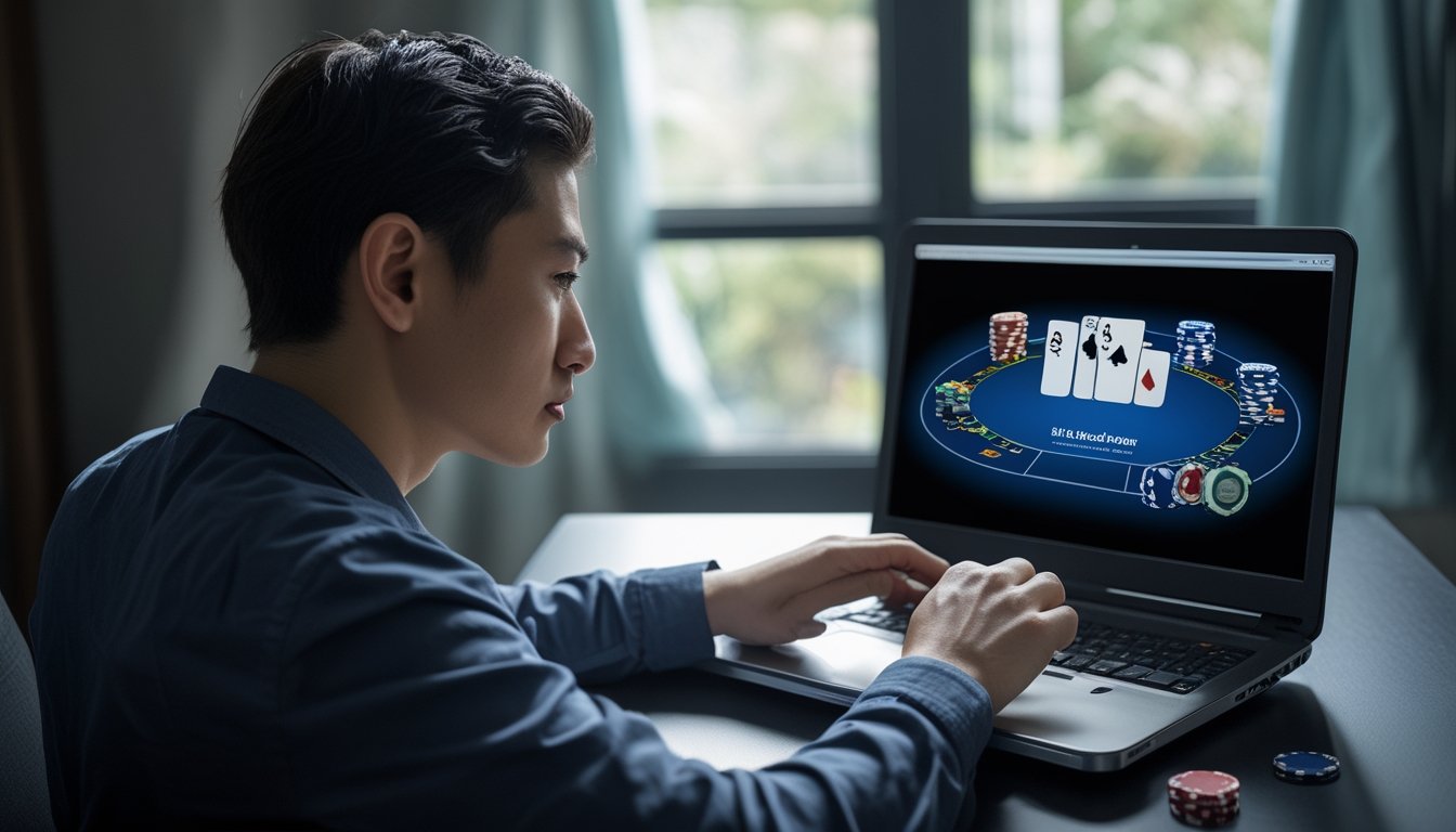 Seorang pemain poker menatap layar laptop dengan ekspresi tenang dan serius.