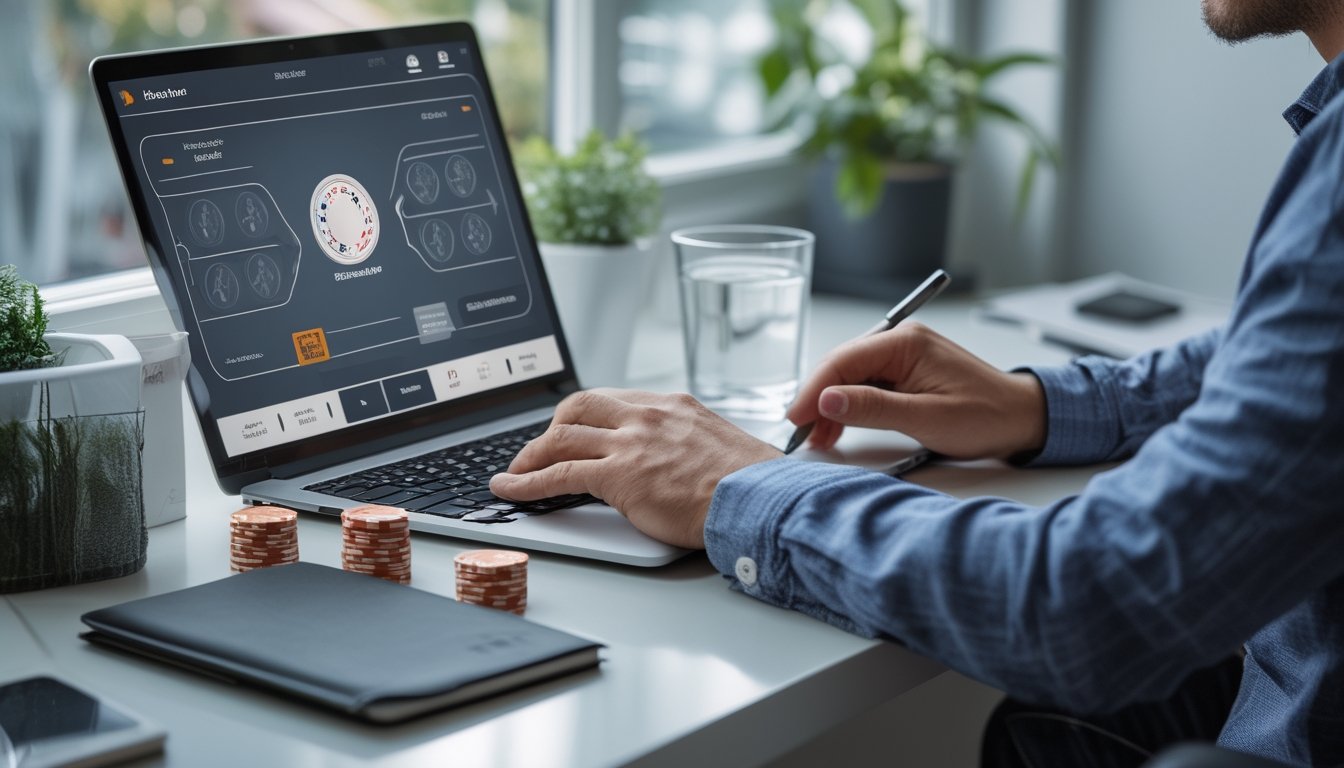 Seseorang dengan tenang meninjau tumpukan chip poker di meja kerja sambil melihat laptop.