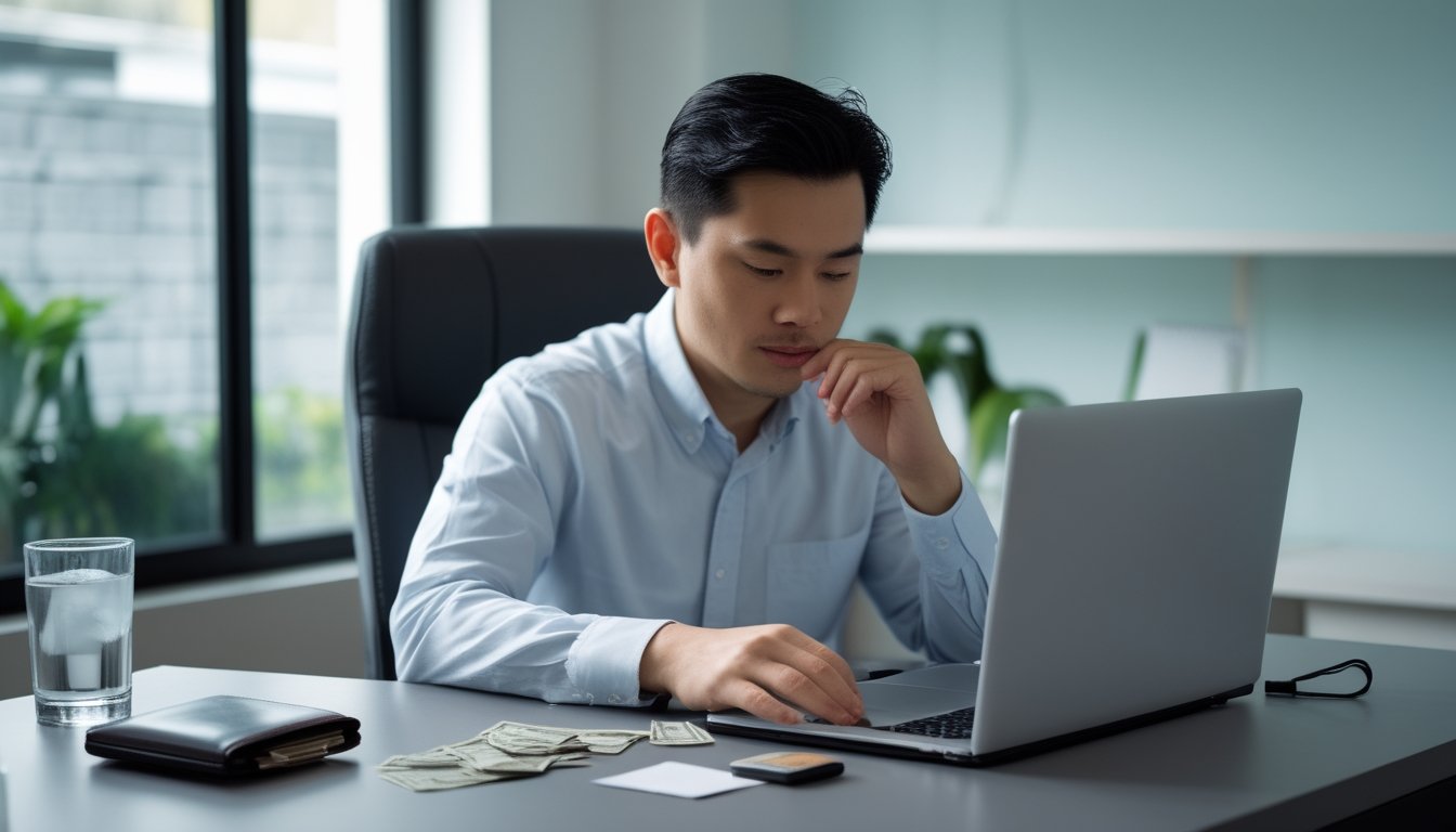 Seorang pria mengatur sejumlah uang di meja sambil melihat laptop.