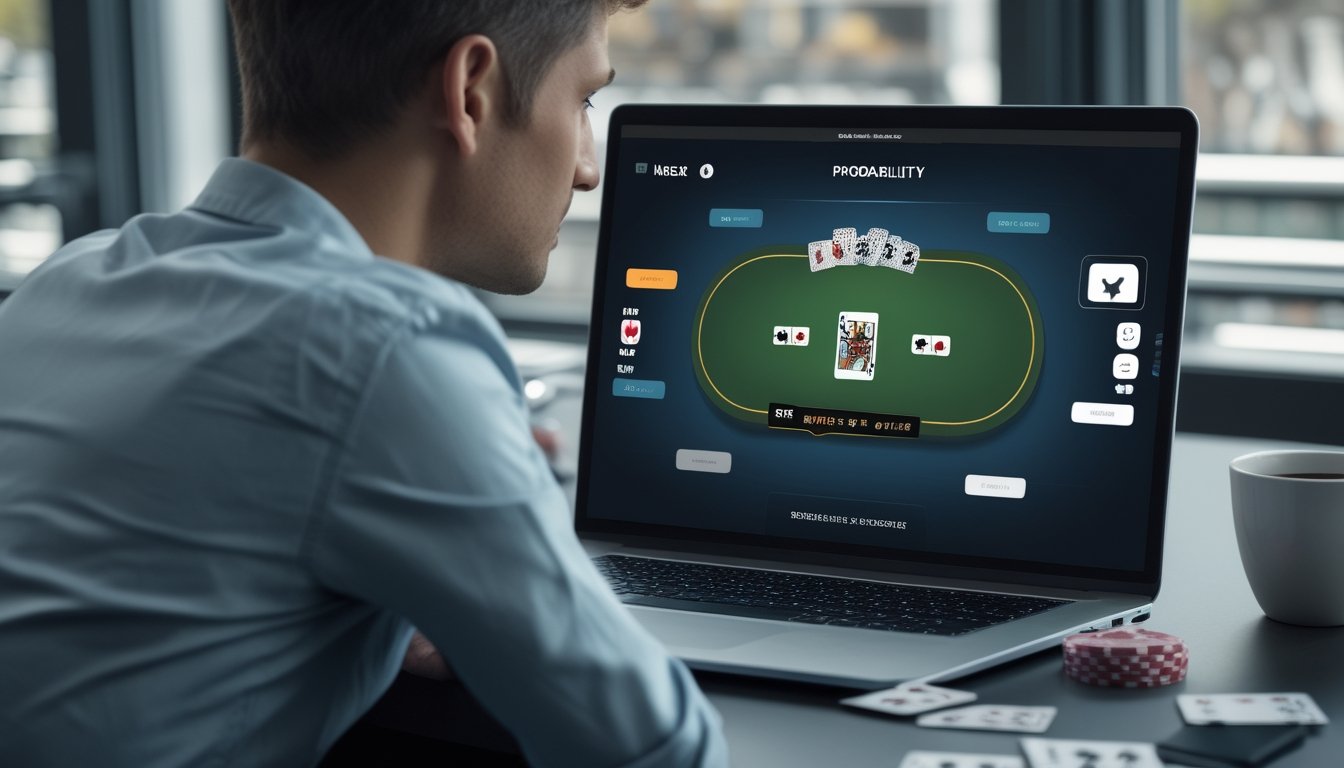 Seseorang mempelajari kartu poker dan peluang permainan di depan laptop.