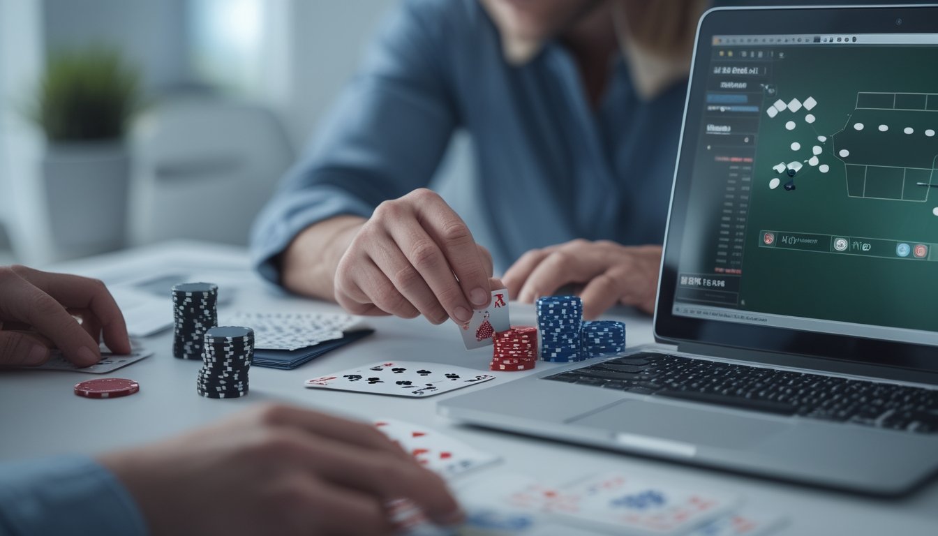 Seorang pemain poker mempelajari kartu dan keping poker di depan laptop.