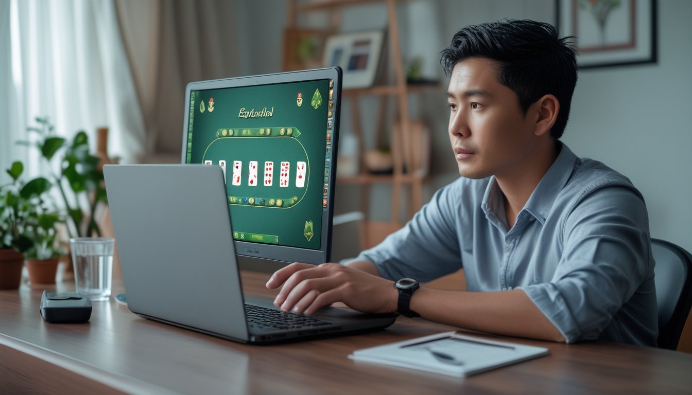 Seorang dewasa meninjau permainan poker di laptop di meja rumah.