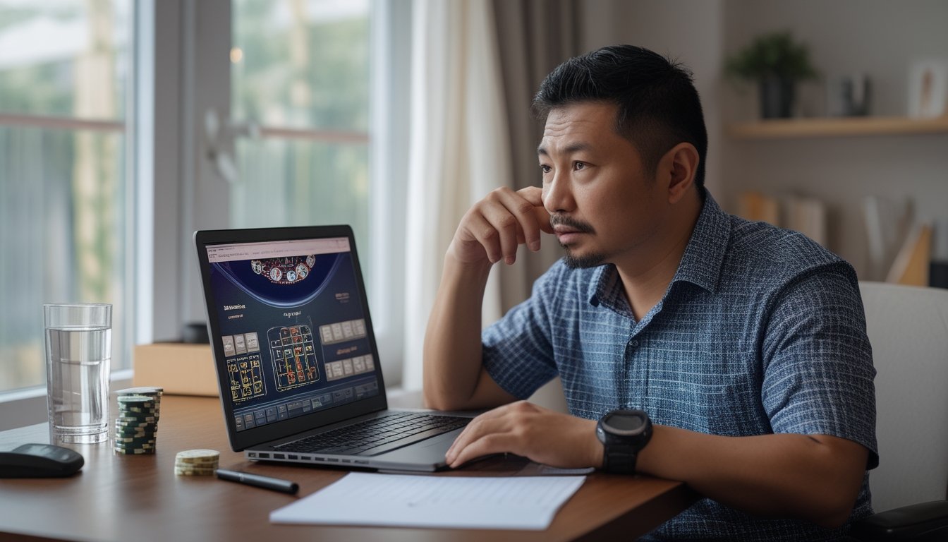 Seorang pria duduk di depan laptop dengan chip poker di meja, tampak mempertimbangkan permainannya.