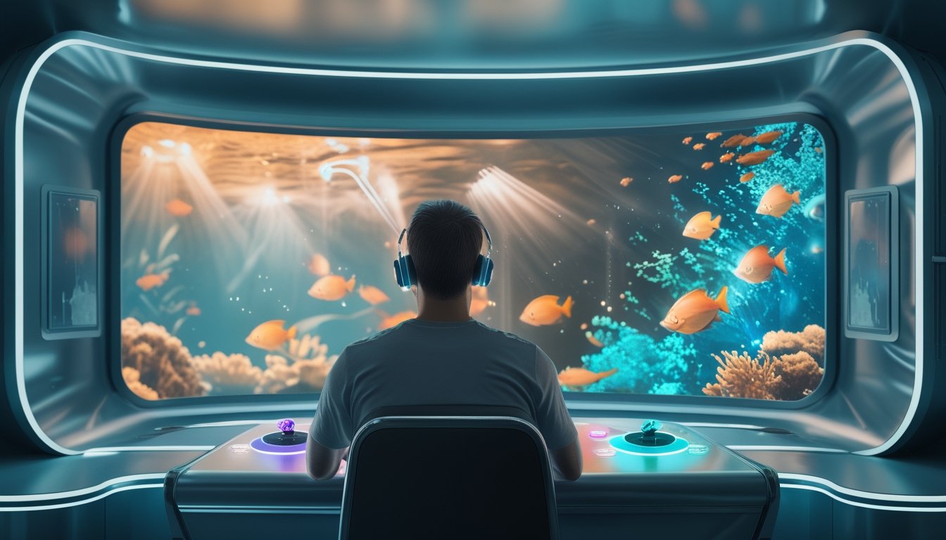 Seorang pemain duduk di konsol arcade dan melihat permainan ikan bawah laut.
