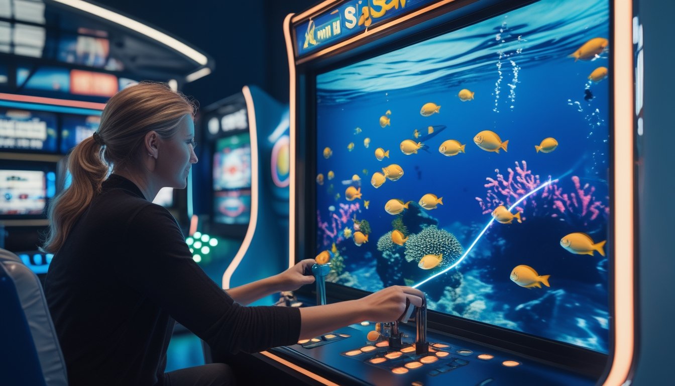 Seseorang memainkan permainan tembak ikan di mesin arcade dengan layar bawah laut.
