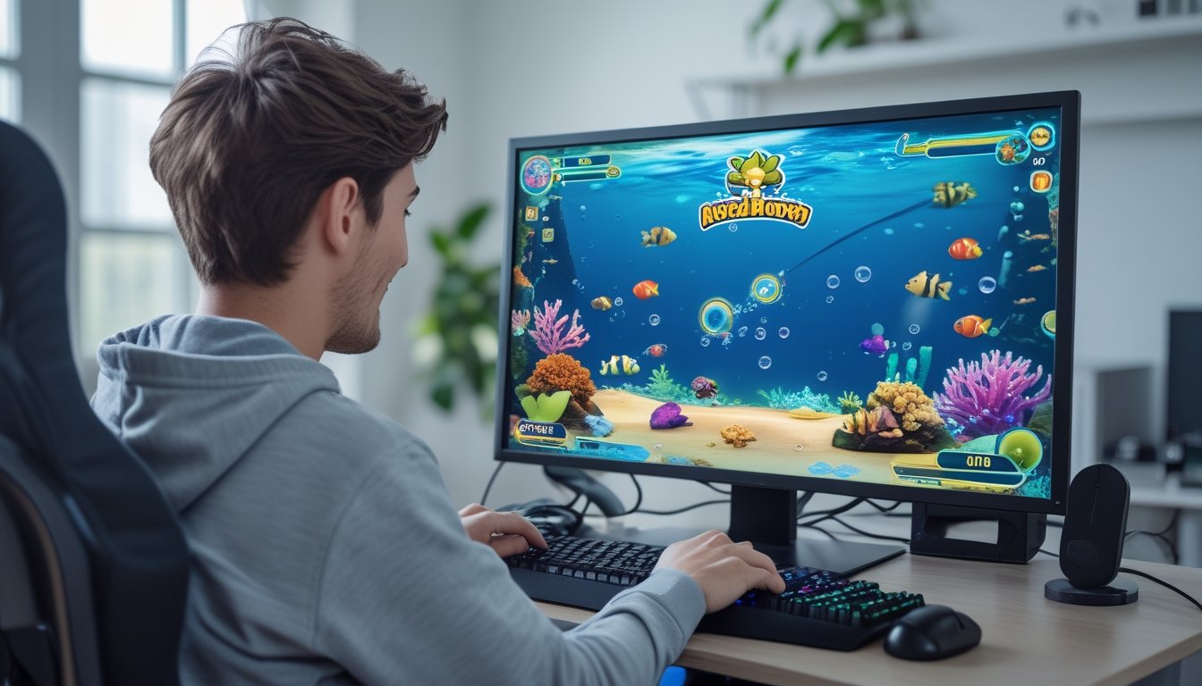 Seseorang memainkan permainan arcade bawah laut di depan komputer.