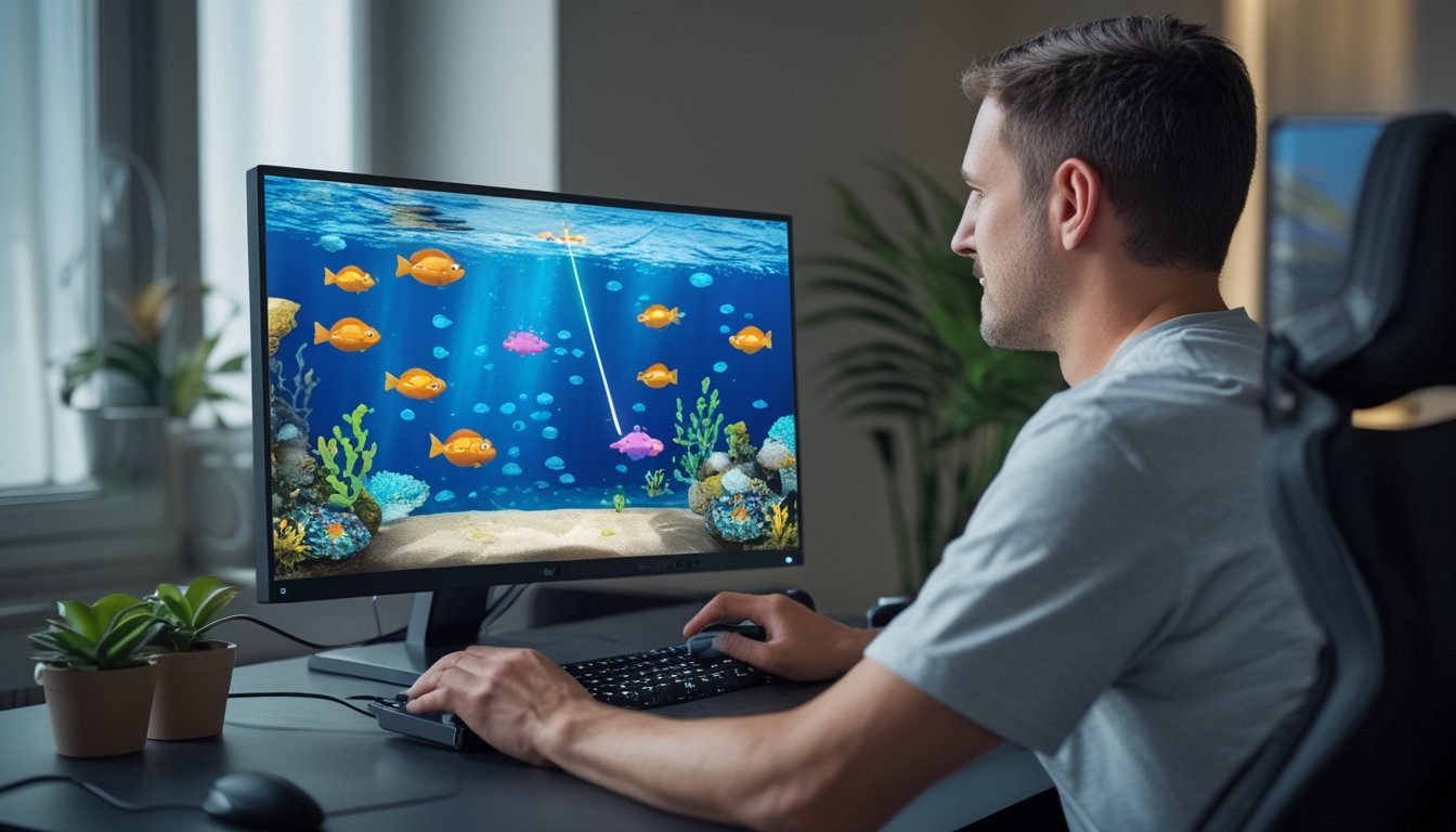 Seorang pemain menggunakan komputer untuk memainkan permainan arcade menembak ikan dengan latar bawah laut.