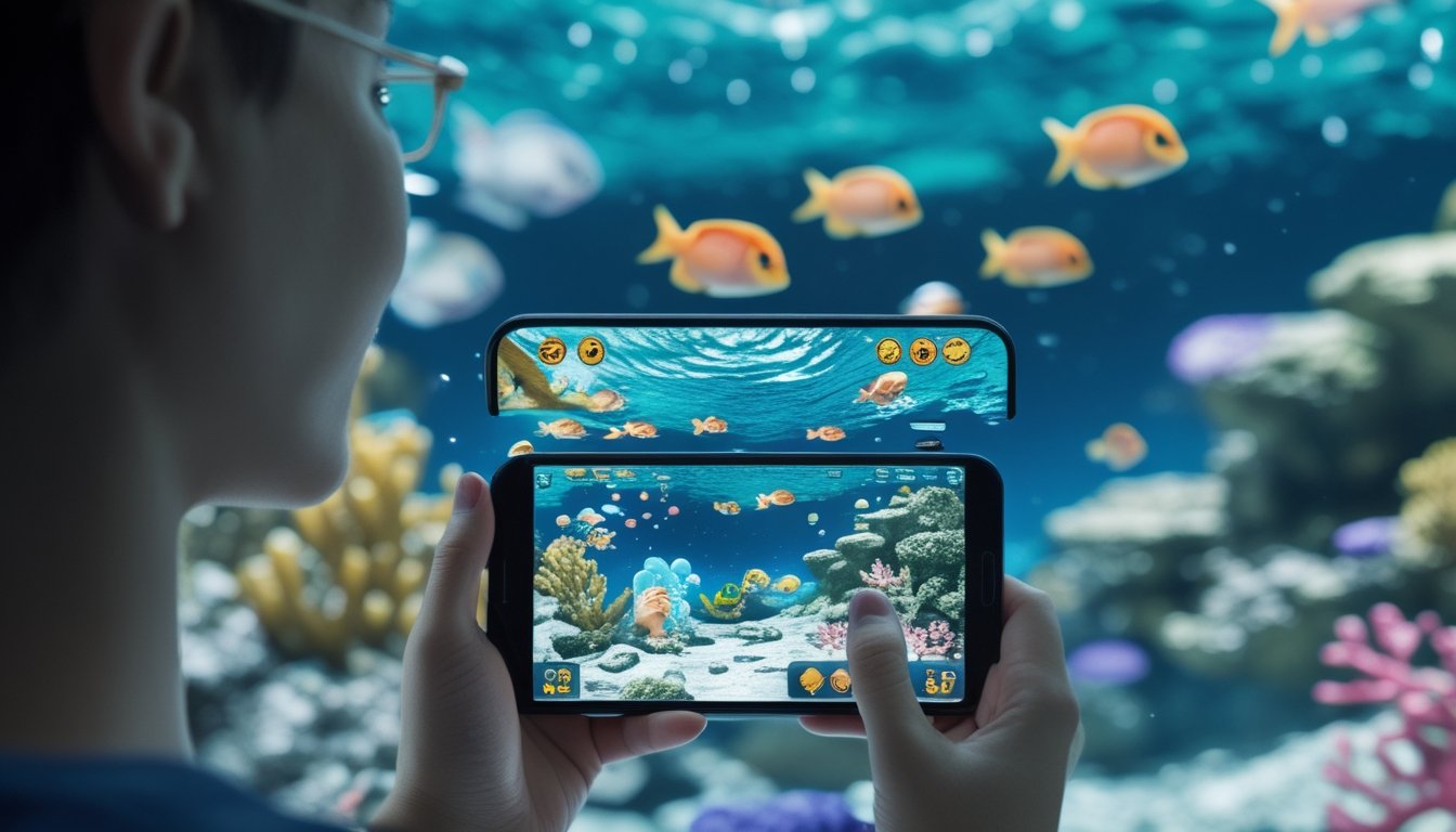 Seseorang memainkan game tembak ikan di ponsel dengan latar laut penuh ikan berwarna-warni.