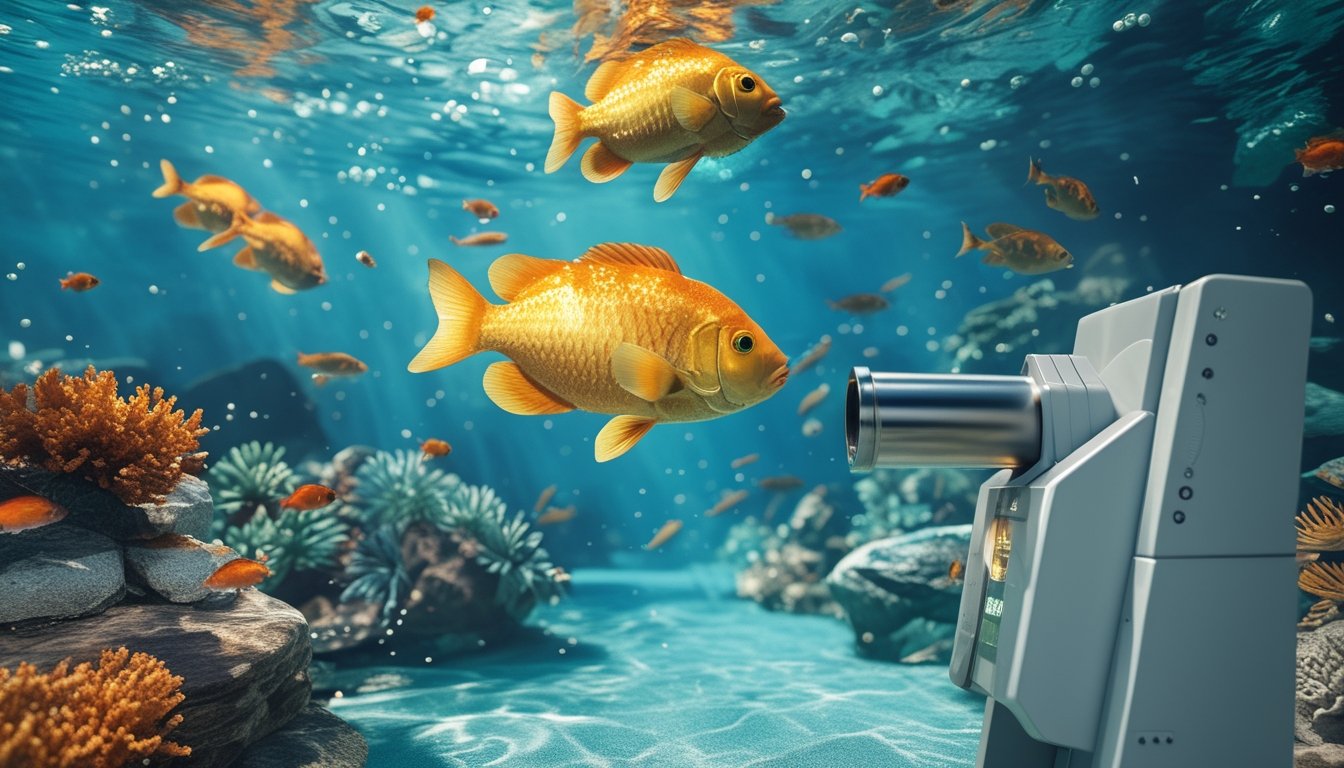 Sekelompok ikan tropis berenang di antara terumbu karang, dengan meriam permainan di latar depan.