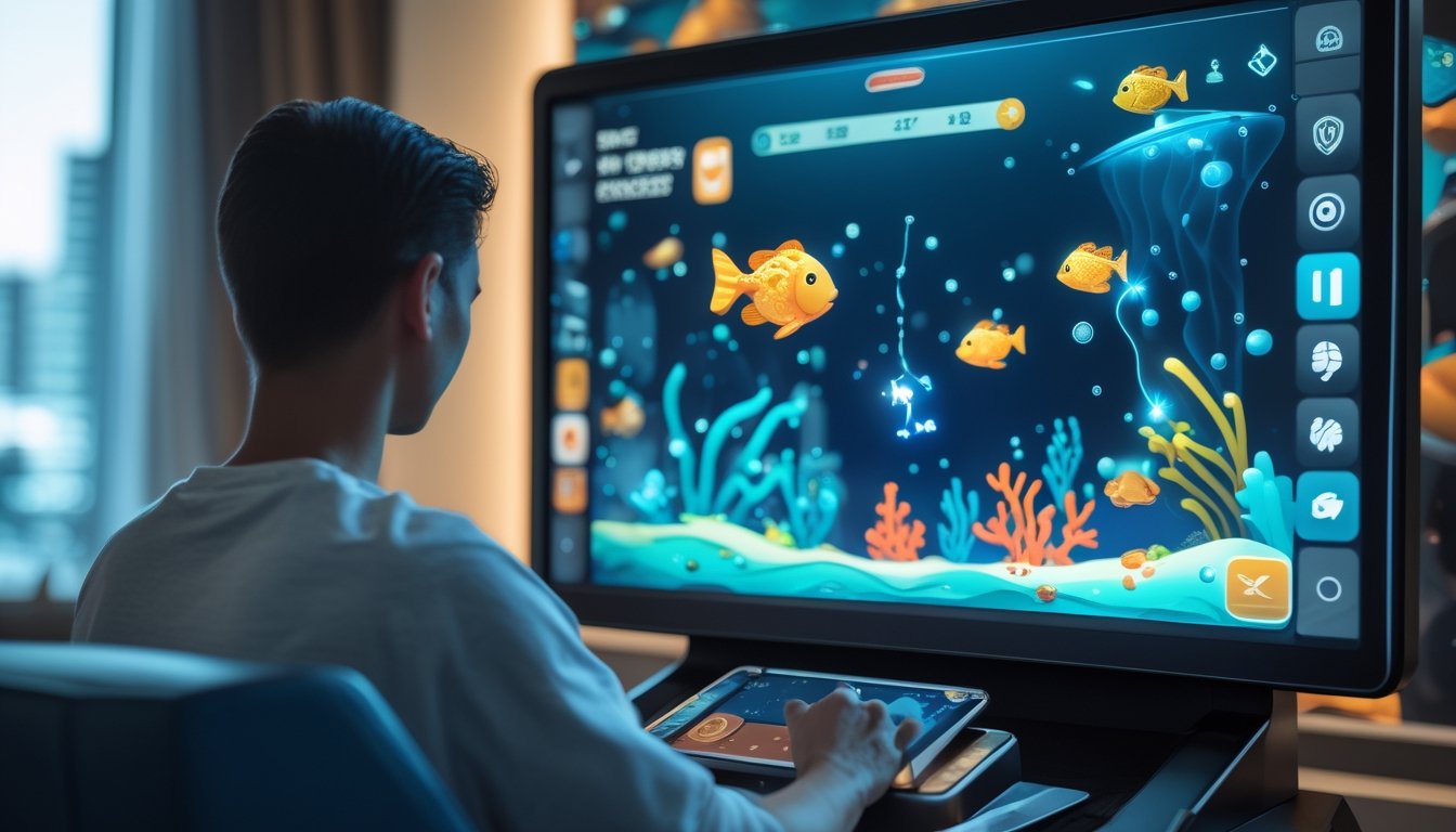 Seorang pemain dewasa memainkan game memancing digital di layar sentuh.