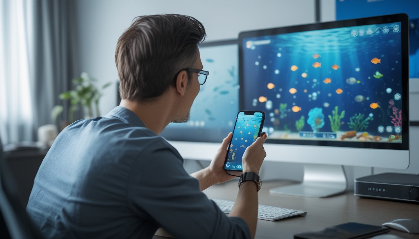 Seseorang memainkan game arcade bertema ikan di ponsel.