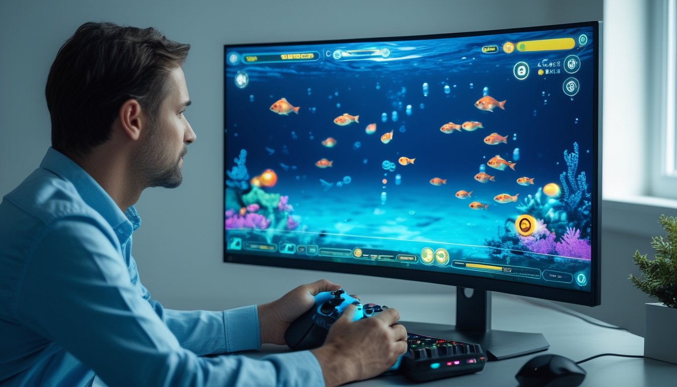 Seseorang mempelajari permainan menembak ikan di layar komputer sambil memegang pengendali.