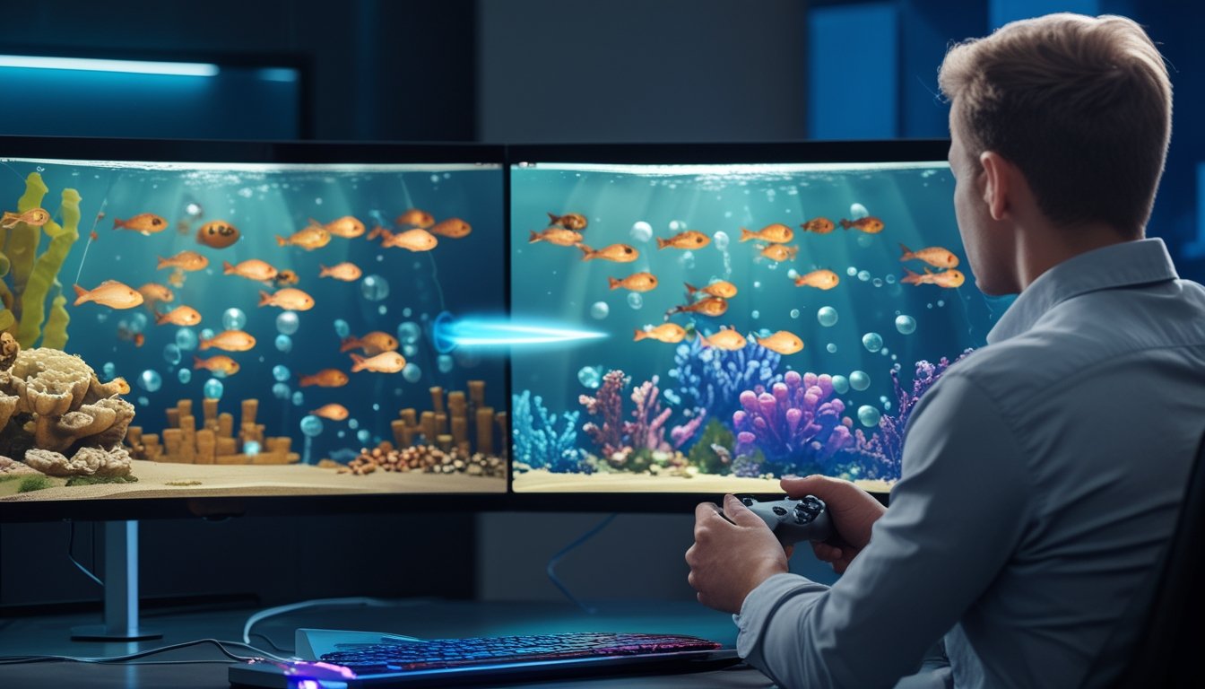 Seorang pemain mengarahkan meriam ke sekumpulan ikan di layar permainan bawah laut.