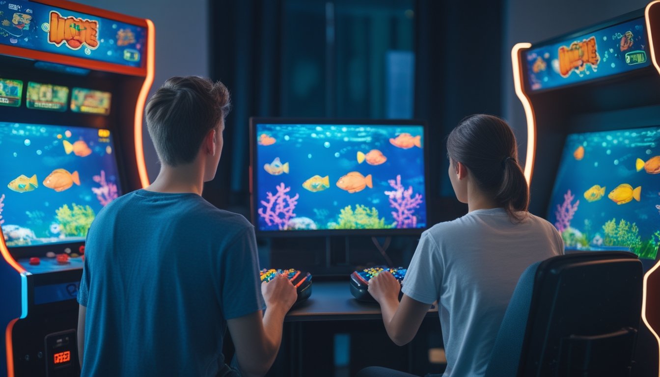 Seorang pemain membandingkan permainan tembak ikan di mesin arcade dan perangkat daring.