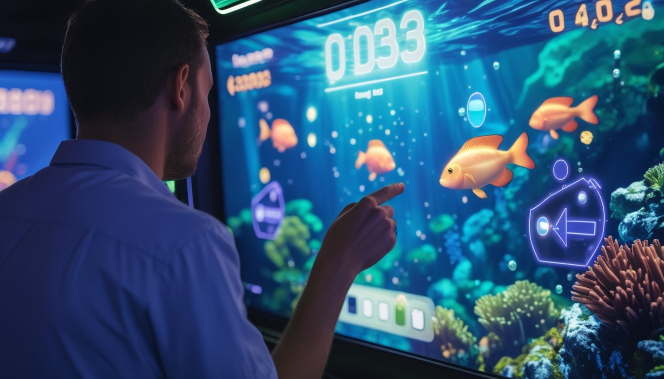 Seorang pemain melihat layar permainan arcade bertema bawah laut dengan ikan berwarna-warni.