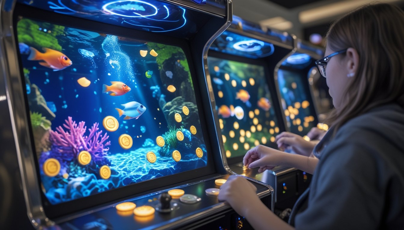 Seseorang memainkan game tembak ikan dengan ikan berwarna-warni dan koin bercahaya di layar.