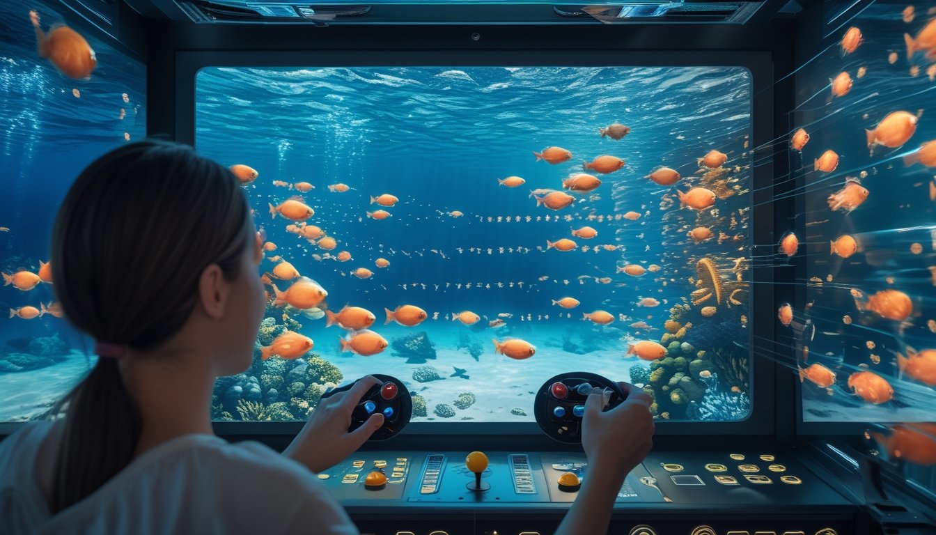 Seseorang memainkan permainan tembak ikan dengan latar bawah laut berwarna-warni.