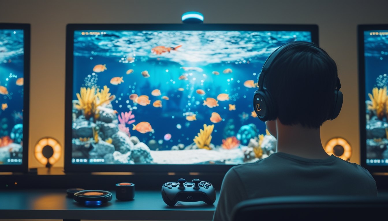 Seseorang memainkan permainan menembak ikan di depan layar dengan pemandangan bawah laut.