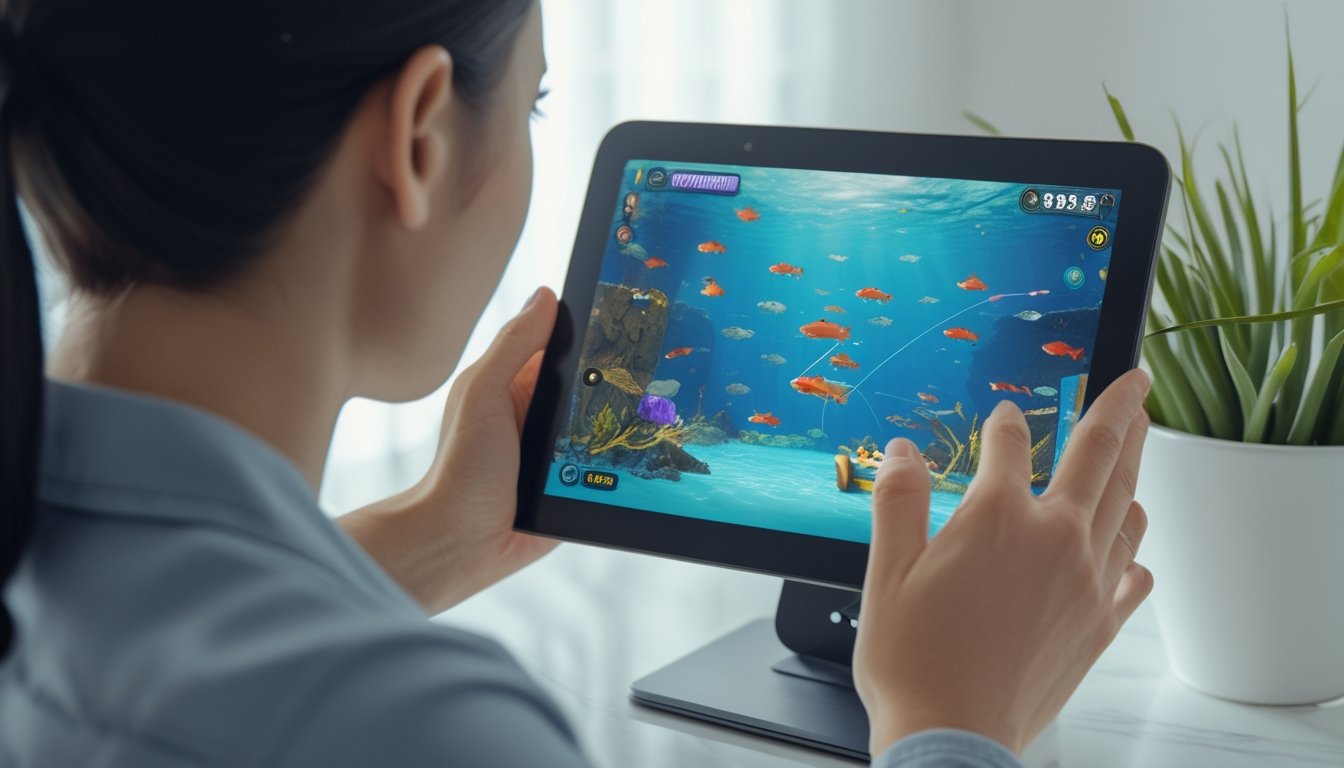 Seseorang memainkan permainan tembak ikan di ponsel dengan ikan berwarna-warni di layar.