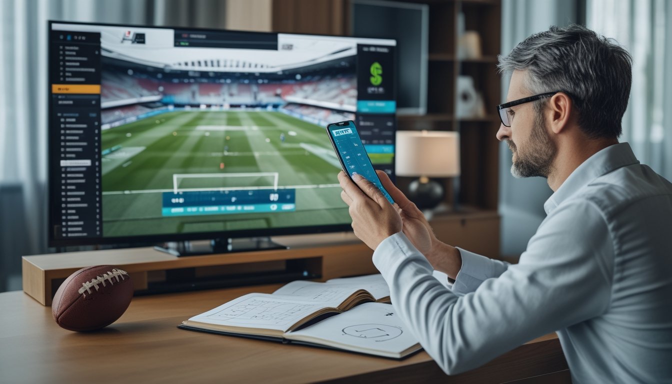 Seorang penggemar sepak bola mempelajari pertandingan di layar sambil menggunakan ponsel dan mencatat strategi.