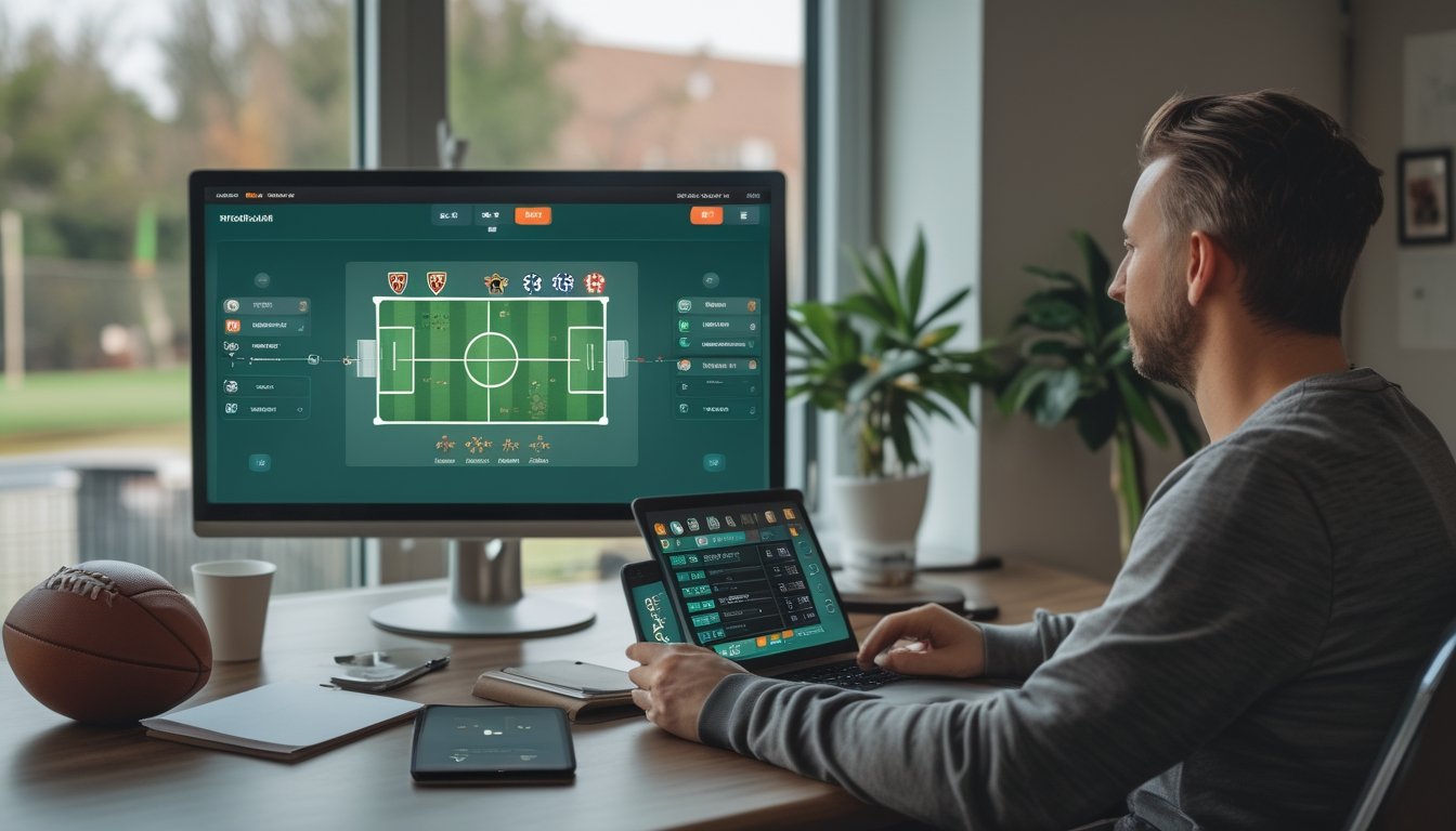 Seorang penggemar sepak bola menggunakan laptop dan ponsel sambil menonton pertandingan di layar.