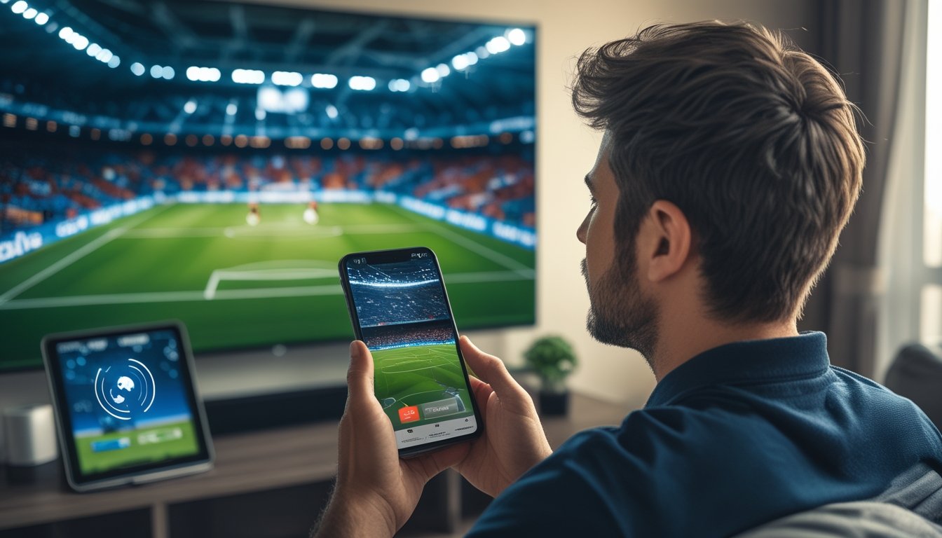 Seorang penggemar sepak bola dewasa menonton pertandingan melalui ponsel dan layar besar di rumah.