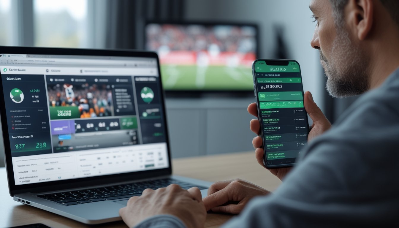Seorang penggemar sepak bola membandingkan tampilan pertandingan dan statistik pada laptop dan ponsel.
