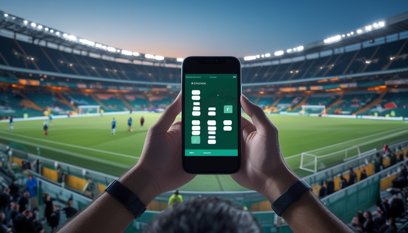 Suporter melihat pertandingan sepak bola di stadion sambil memegang ponsel.