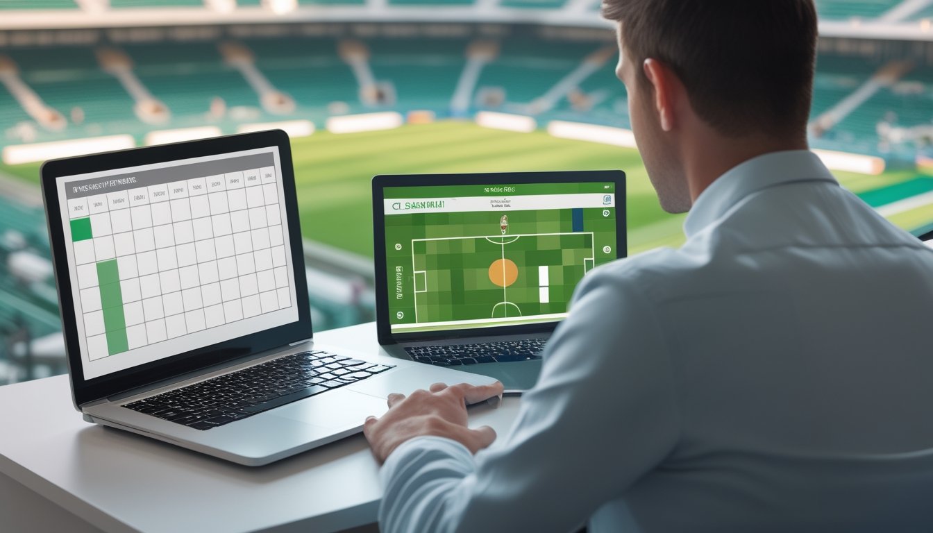 Seseorang membandingkan jadwal pertandingan sepak bola di laptop dan ponsel dengan stadion di latar belakang.
