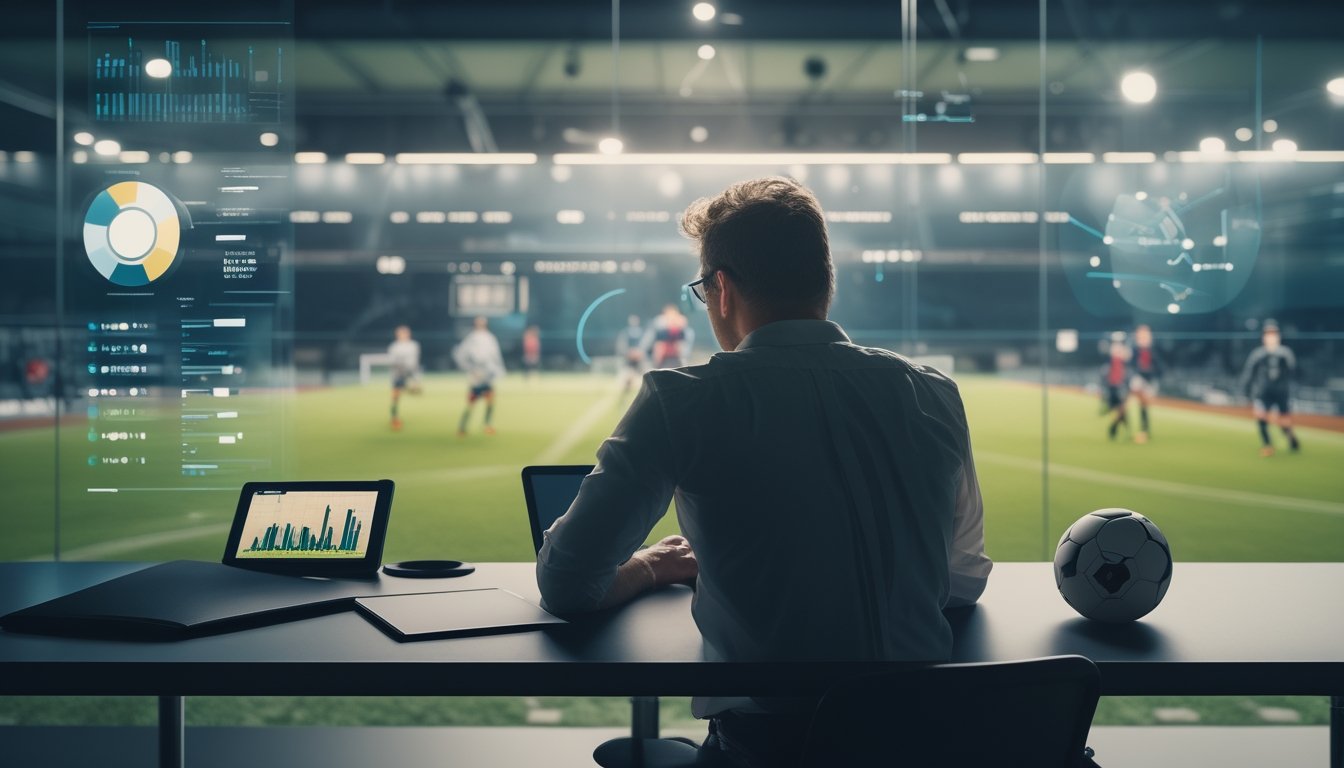 Seorang analis mempelajari statistik pertandingan sepak bola di studio, dengan visualisasi grafik dan lapangan di layar serta bola di dekatnya.