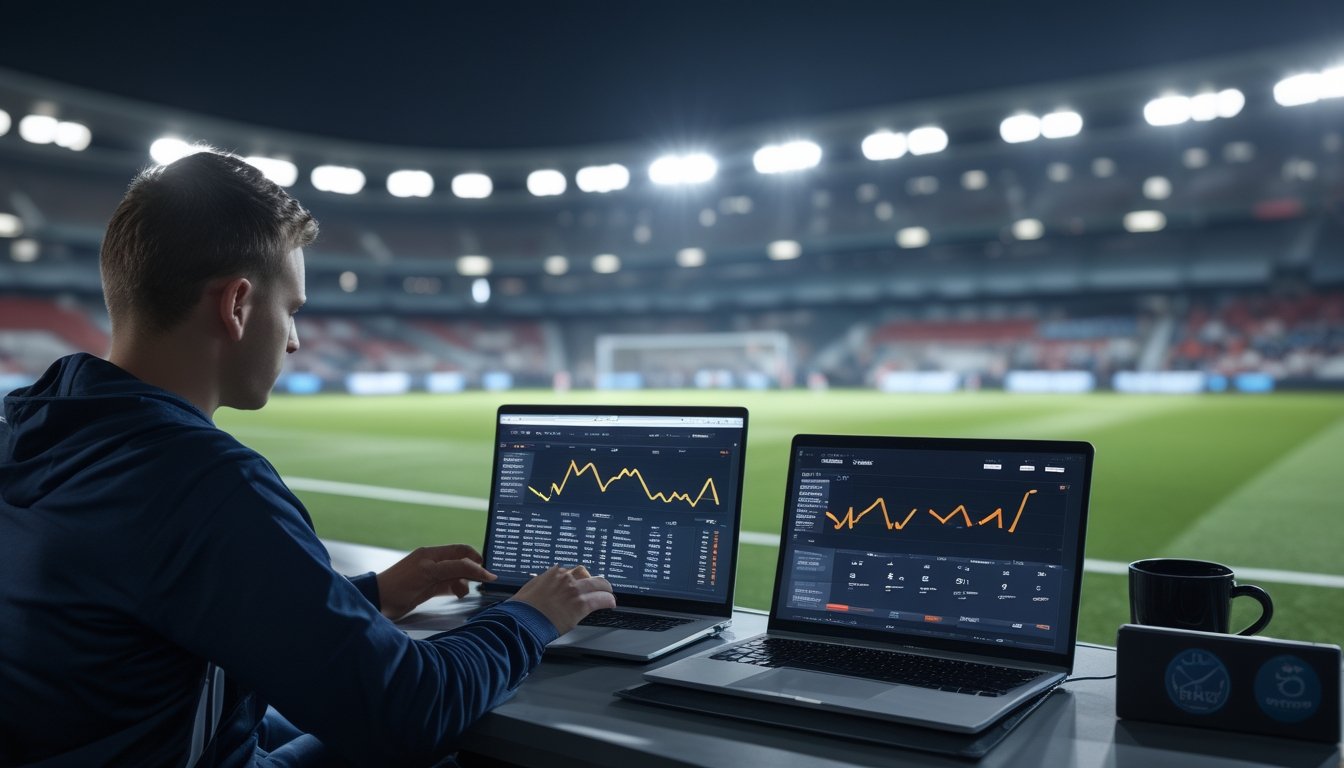Seorang penggemar sepak bola mengamati statistik pertandingan di laptop dan ponsel saat pertandingan berlangsung di stadion.