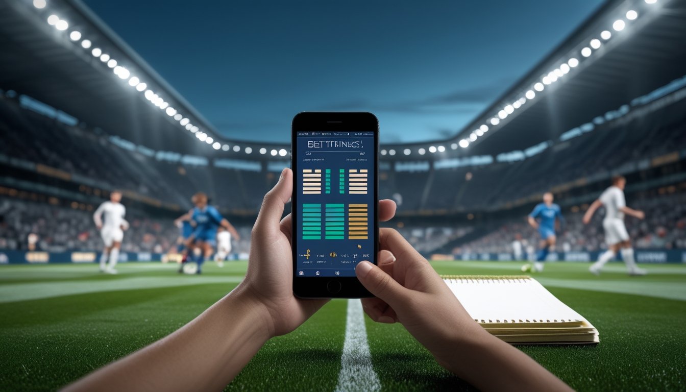 Pertandingan sepak bola berlangsung di stadion, sementara seorang penonton memegang ponsel dengan tampilan abstrak.