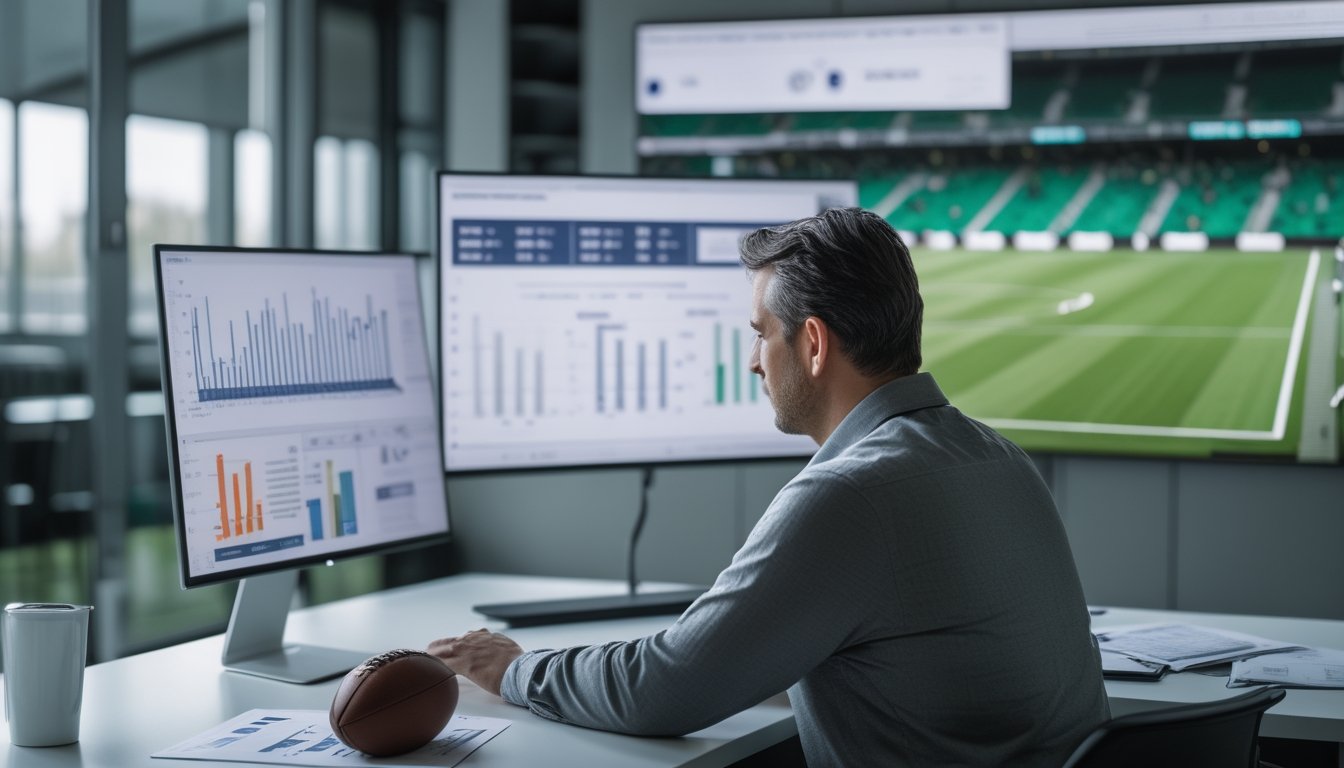 Seorang analis sepak bola membandingkan grafik statistik tim di depan laptop, dengan bola dan stadion terlihat di sekitarnya.