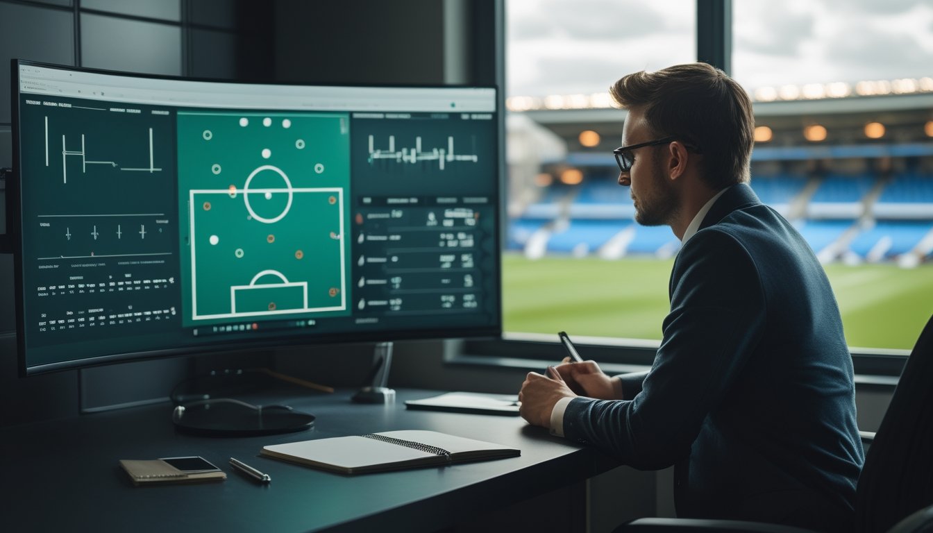 Seorang analis mempelajari grafik statistik sepak bola di ruang kerja.