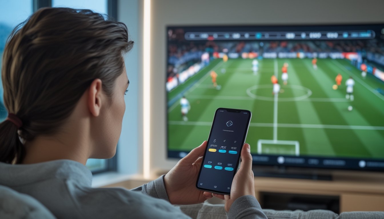 Seseorang menggunakan ponsel sambil menonton pertandingan sepak bola di televisi.