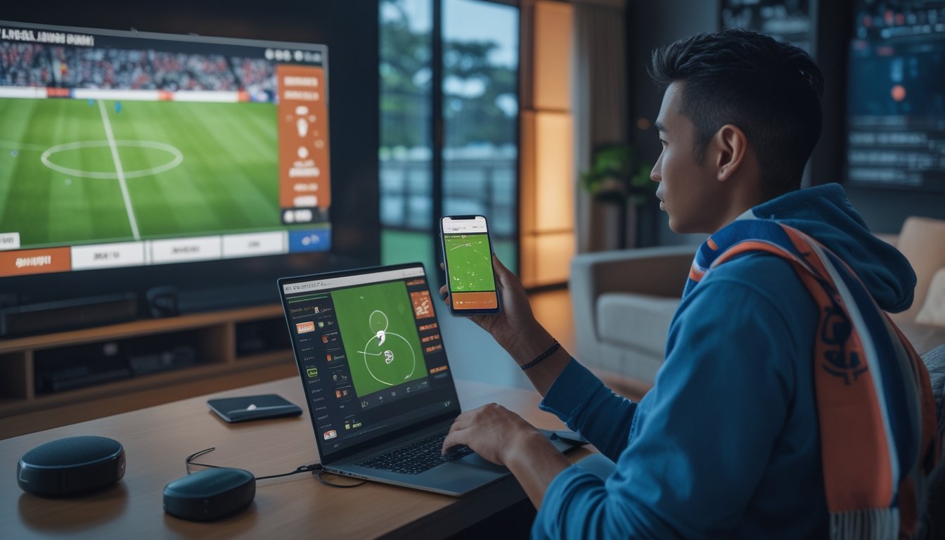 Seorang penggemar sepak bola dewasa menonton pertandingan sambil menggunakan ponsel dan laptop di rumah.