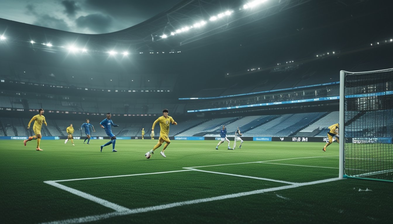 Dua pemain sepak bola berebut bola di lapangan saat pertandingan berlangsung.