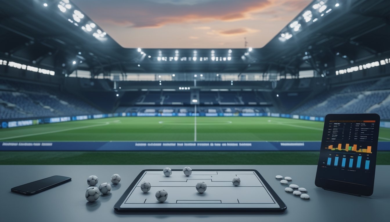 Meja analis dengan diagram lapangan, bola-bola kecil, dan tablet di depan stadion sepak bola.
